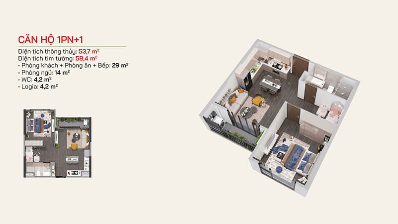 Thiết kế căn hộ 1PN+1 phân khu The Ocean View - Vinhomes Ocean Park 1