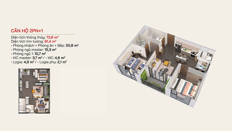 Thiết kế căn hộ 2PN+1 phân khu The Ocean View - Vinhomes Ocean Park 1